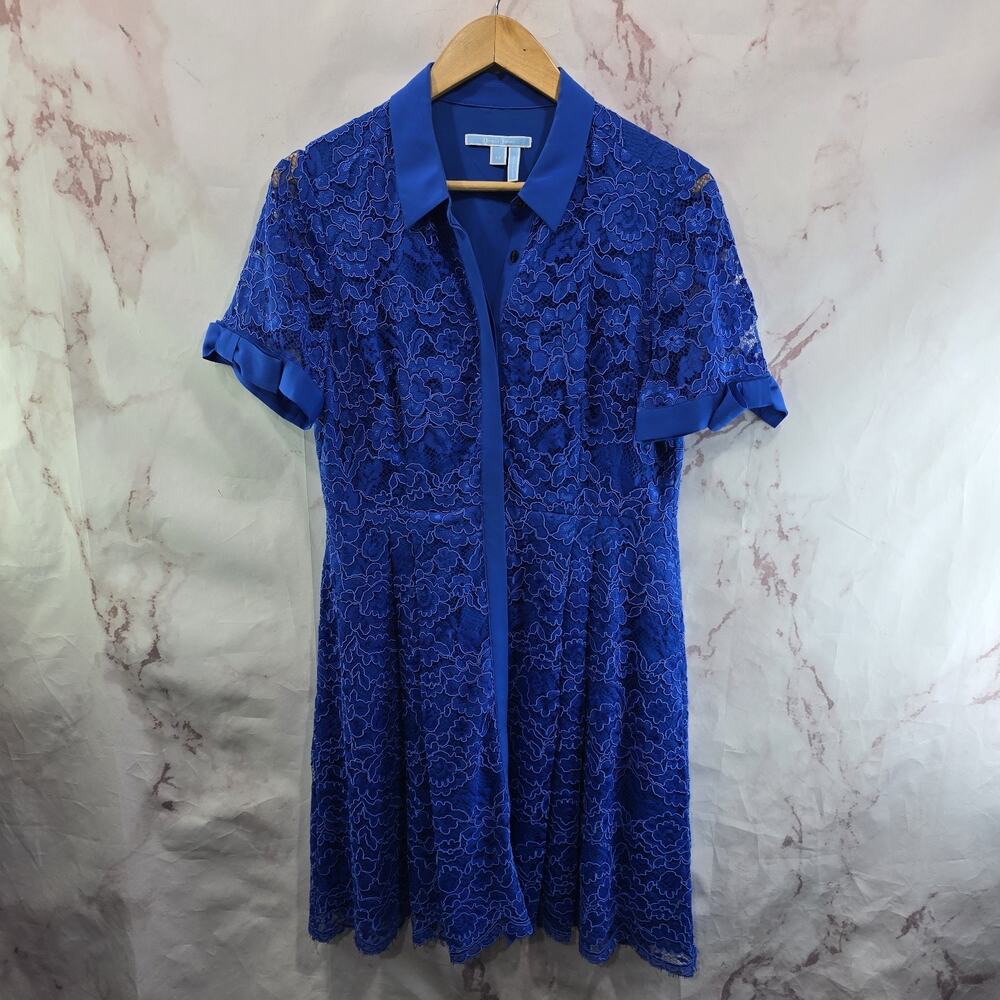 Draper James Dress Womens Large 12 Blue Lace Shirt Button Pleated Cobalt